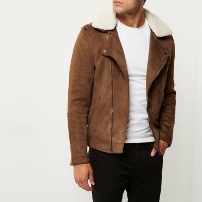 Light brown borg collar biker jacket